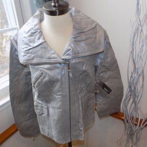 MIXIT Silver Distressed Genuine Leather Jacket and Grey Studded Gloves